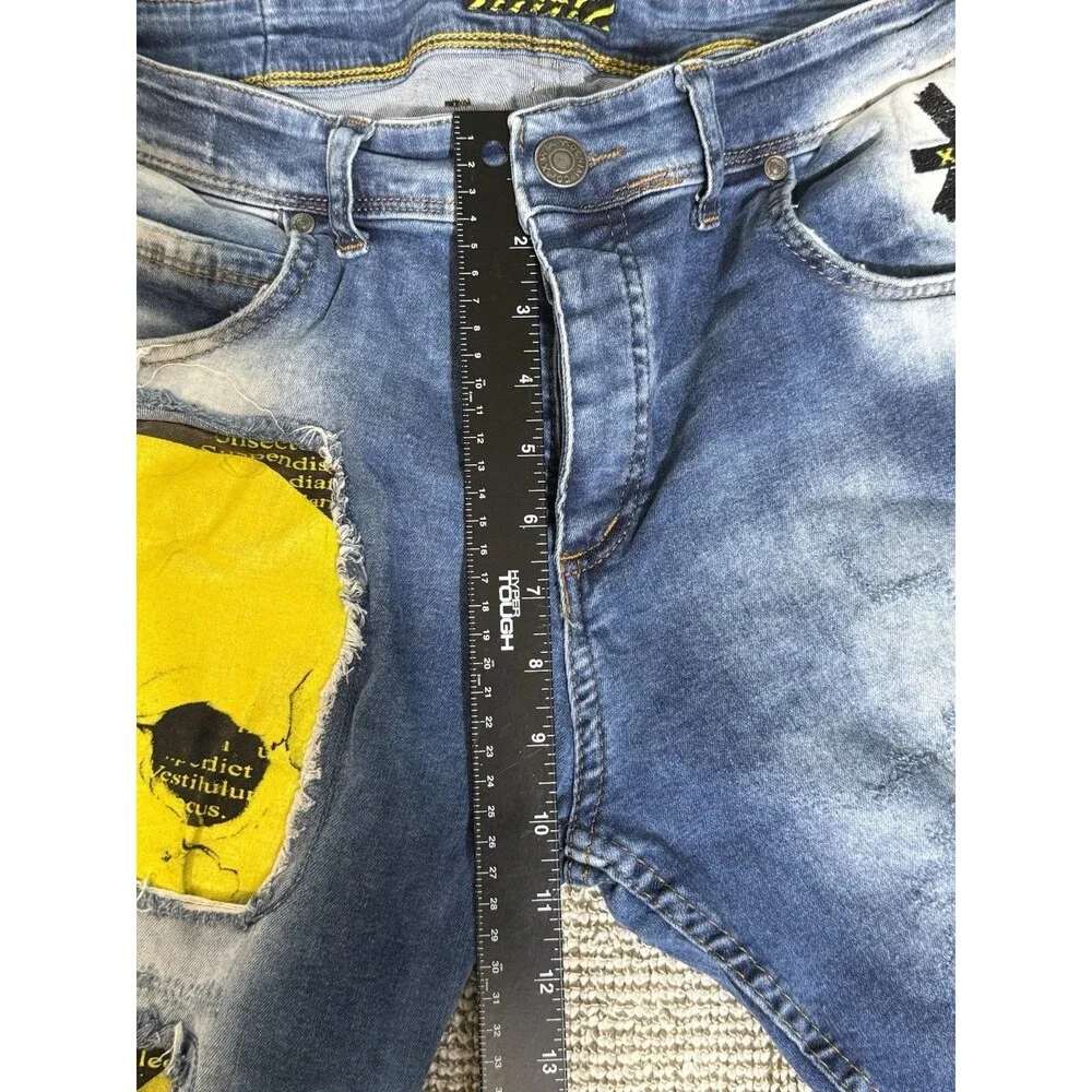 Xway Kapri Shorts Mens 38 Waist Denim Graphic Distressed Y2K Acid Wash
